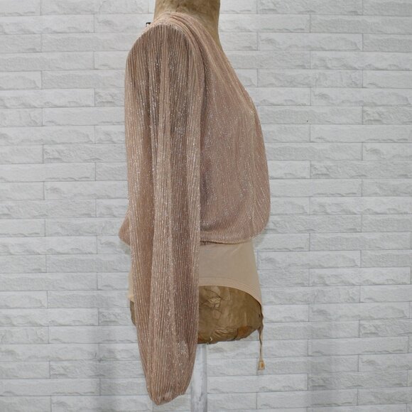 MITTOSHOP Bodysuit Sheer Gold Shimmer Chiffon Crossover Long Sleeve Party Large - Picture 2 of 13